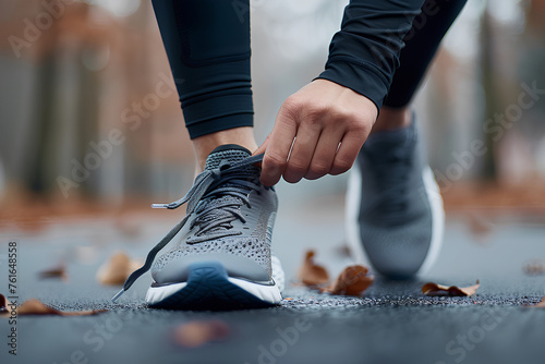 Hands, shoes and person with laces in preparation of fitness, running and morning cardio outdoors. Sneakers, runner and athletic people workout in a city for wellness, cardio and marathon training