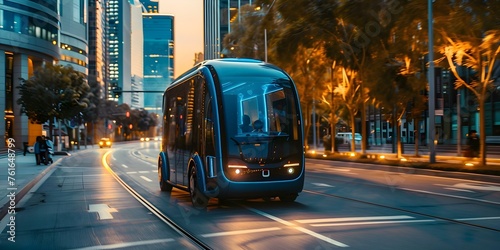 Autonomous bus navigating city streets transporting passengers safely and efficiently. Concept Autonomous Vehicles, Urban Transportation, Safety Technology, Smart City, Passenger Experience