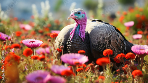 Cute, beautiful turkey in a field with flowers in nature, in the sun's rays. © ALA