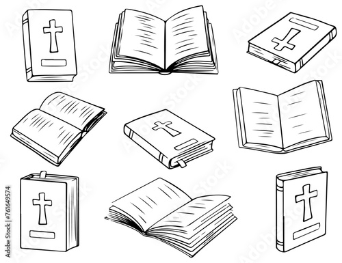 Christian Holy Bible Book. Vector illustrations depict a set of Holy Bible books that open, close, showing cover. Religious Text Containing Stories And Prophecies.