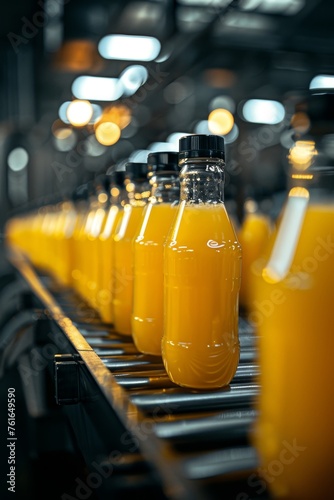 Fruit juice beverage manufacturing on conveyor belt in drink factory production line