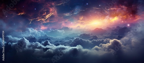 A stunning painting capturing a cloudy sky at dusk with a galaxy in the background, portraying a mesmerizing natural landscape and captivating afterglow