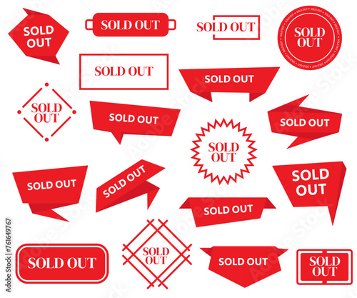 Sold out badges set. Sale stickers set. Sold out banners, labels, stamps, and signs isolated on white background