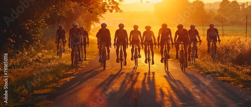 A group of cyclists pedal on a rural road