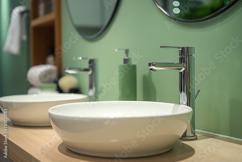 White ceramic sink and chrome faucet, round mirror on light pistachio wall, modern bathroom interior design