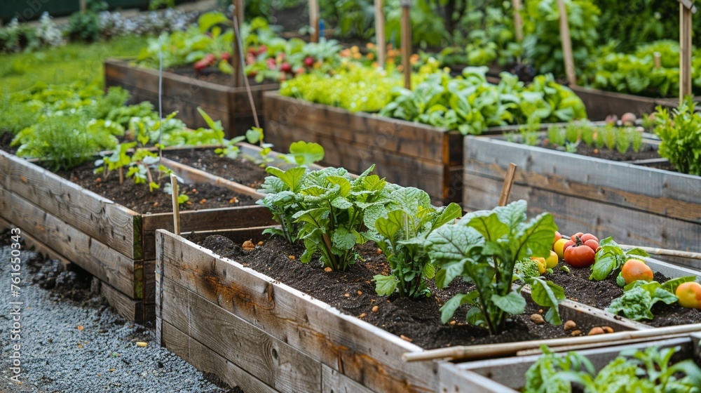A Neatly arranged raised garden beds bloom with fresh produce in an urban farm setting A Neatly arranged raised garden beds bloom with fresh produce in an urban farm setting