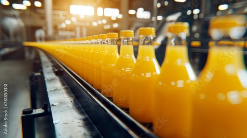 Beverage production line fruit juice on conveyor belt in drink manufacturing facility