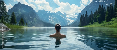 A woman soaks in the serene waters of a mountain lake