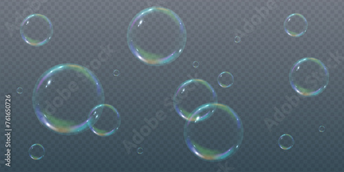 Realistic 3d soap bubbles with rainbow reflection. Bubbles are located on a transparent background. Vector flying soap bubble. Bubble Transparent realistic Water glass bubble