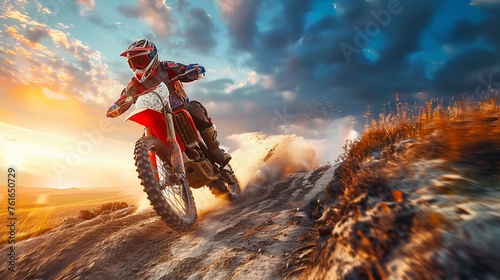 An extreme motocross rider speeds along a dusty mountain trail against a dramatic sunset backdrop.