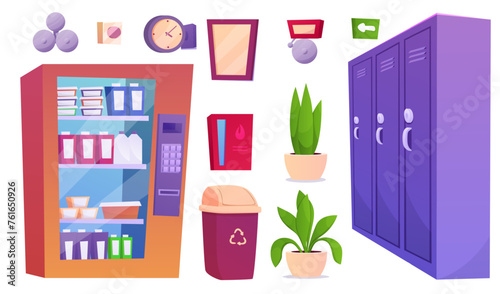 School hallway interior objects set. University corridor interior set design with classroom doors, lockers for students, vending machine with snacks. Education concept.