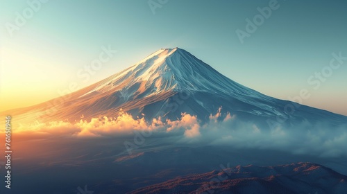 Golden Hour Glow: Detailed View of Mount Fuji's Summit, generative ai © Matus
