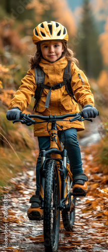Child explorer rides mountain bike with gloves and helmet on challenging trail