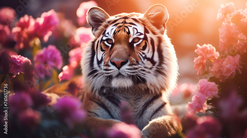 Cute, beautiful tiger in a field with flowers in nature, in sunny pink rays.