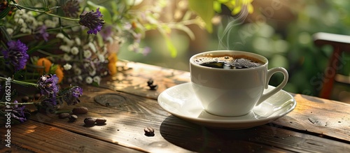 A coffee cup is resting on a saucer atop a wooden table  next to it a teaspoon and a glass of water. The drinkware is ready to be enjoyed