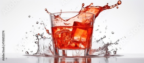A red liquid splashes from a glass onto the table, mixing with the ice cubes. The fluid creates a beautiful display, resembling a piece of art in a building event