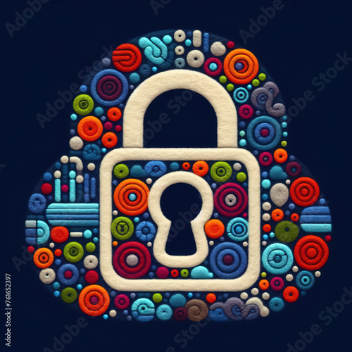 Felt art patchwork  Secure data lock symbol  representing the ongoing battle for cybersecurity and the protection of sensitive information in a high-tech world