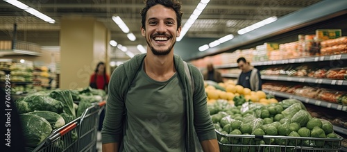 A man is happily pushing a shopping cart filled with natural foods and leafy green vegetables in a greengrocer building, trading for whole food