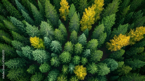 Patchwork of Green and Yellow Treetops in Aspen Forest, generative ai © Matus