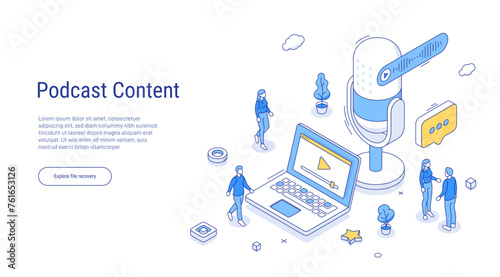 Audio devices for interesting podcast content recording depicted near description. Isometric outline illustration. 3d line vector. Video no laptop. Online communication