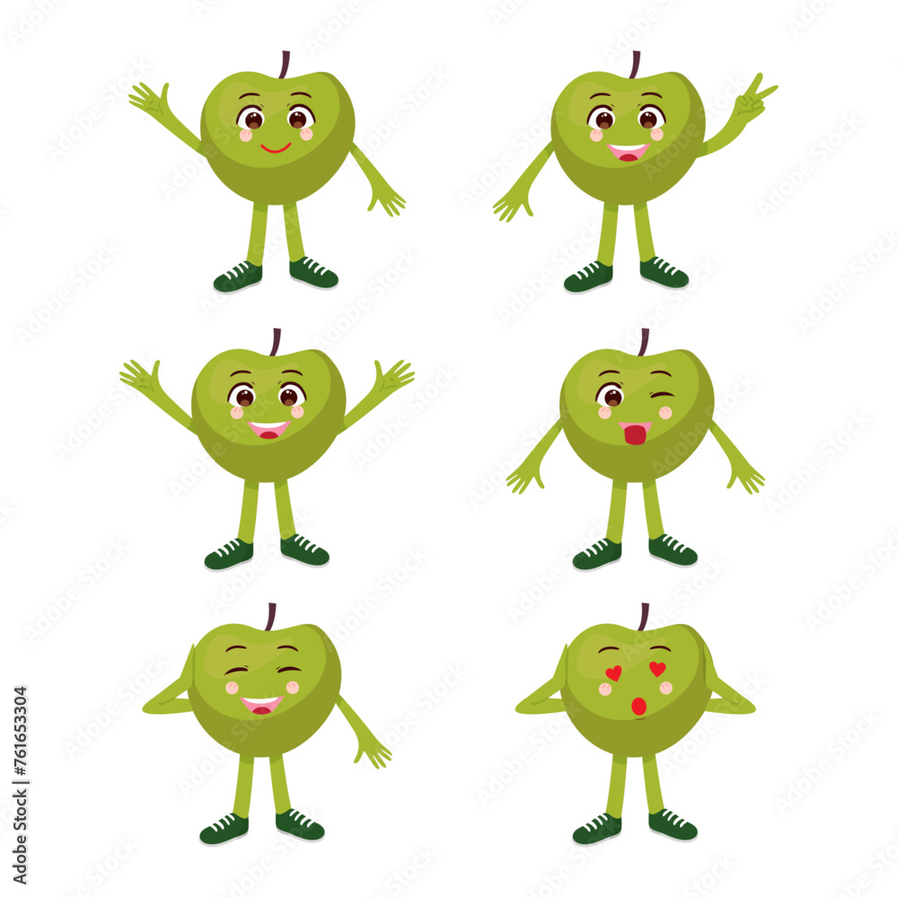 Obraz premium Vector illustration of cute green apple characters with human face showing different emotion