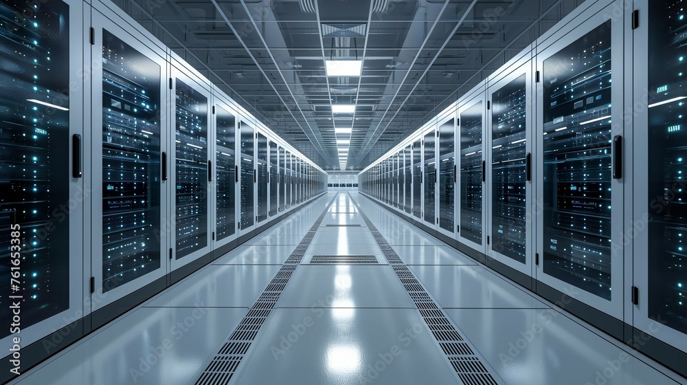 Naklejka premium Clean and Organized Server Room with Bright Lighting, generative ai