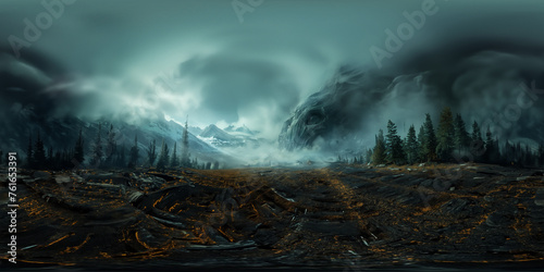 Alien skull and clouds over the mountains, 8K VR 360 Spherical Panorama