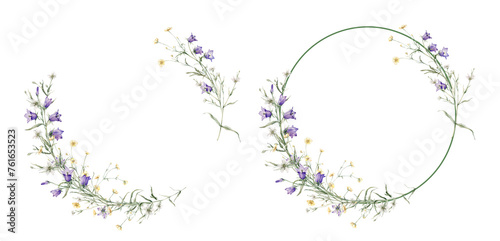Wreath of yellow buttercup and white little flower and violet bluebell. Watercolor hand painting illustration on isolate. Circlet of meadow flowers. Botanical summer wildflower.