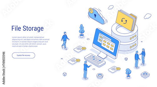 File storage concept. Conceptual template with man standing on laptop computer.Scene for electronic file organization service. For web banner, infographics, hero images. Flat isometric illustration