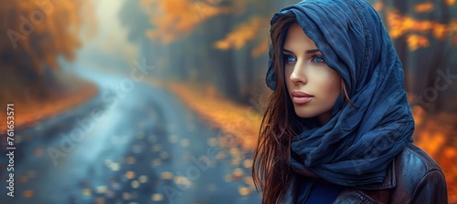 Elegant woman in hijab portrait on blurred background with ample copy space for text placement photo