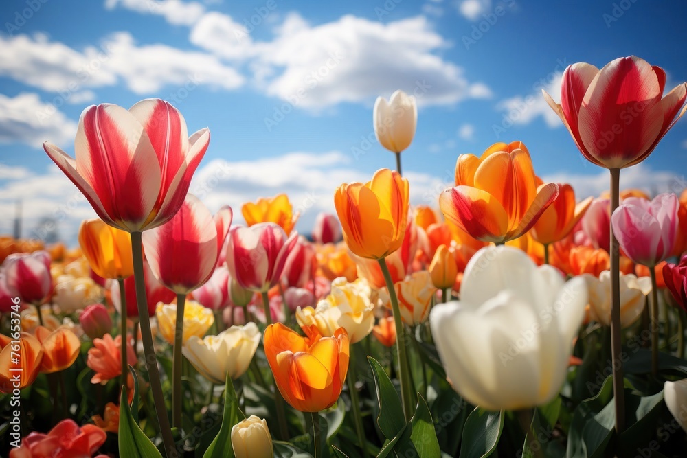 Obraz premium Vibrant Tulip Field Under Blue Sky Generative AI