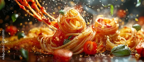 A 3D pasta universe, with noodles and sauces swirling together for an Italian restaurant ad