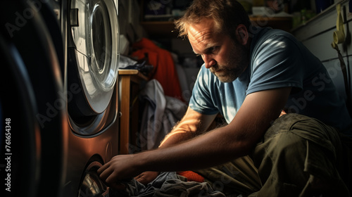 A plumber meticulously fixing a washing machine in a cluttered utility room, surrounded by laundry baskets, detergent bottles,  © Shelinaakter