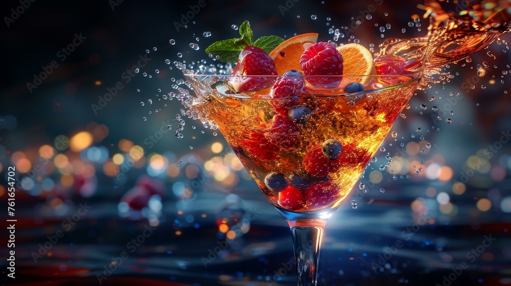 A 3D animated cocktail mixer, with ingredients swirling into the perfect drink for a bar promotion
