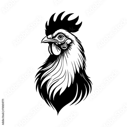 Rooster bird head icon isolated on white. Simple black emblem. Logo sketch sign.