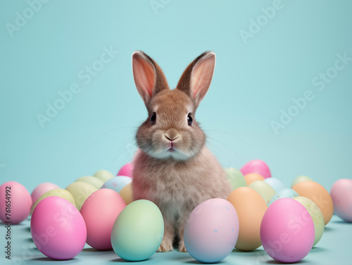 Cozy Easter card template. Funny easter bunny with eggs. Happy Easter backdrop. Spring celebrations background. © Aleksandr