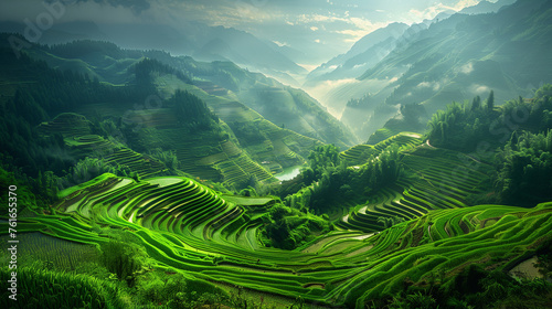 Bancales de arroz escalando una ladera en china