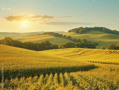 Wide view of a corn farm under bright sunshine, yellow hues, clear sky, high angle