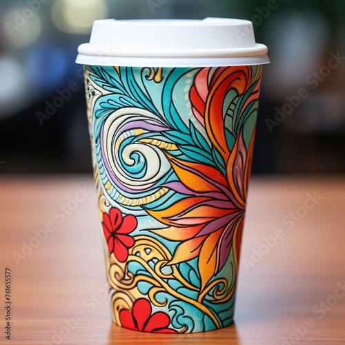 a colorful coffee cup with a white lid
