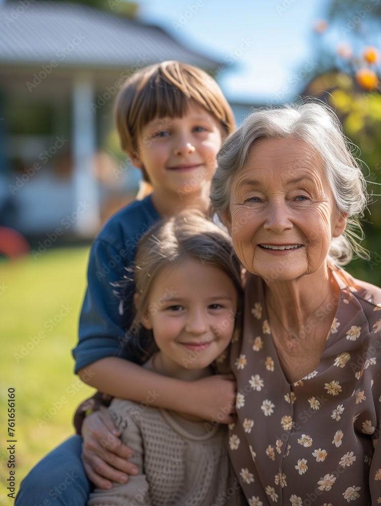 Joyful Grandmother Embracing Grandchildren in Garden Joyful Grandmother Embracing Grandchildren in Garden