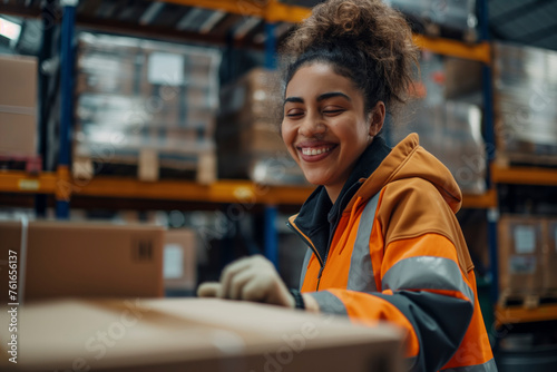 A woman in an orange jacket is smiling while working in a warehouse. She is wearing gloves and she is handling boxes