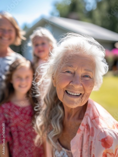 Joyful Grandmother Embracing Grandchildren in Garden © Nuttakarn