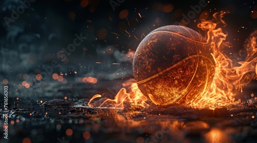Close-up of burning basketball in dark background with effect fire sparks
