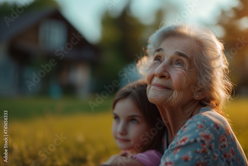 Joyful Grandmother Embracing Grandchildren in Garden