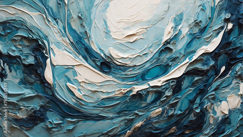 Deep sea blue merging into turquoise and aquamarine swirls. Artistic oceanic background. Textured canvas.