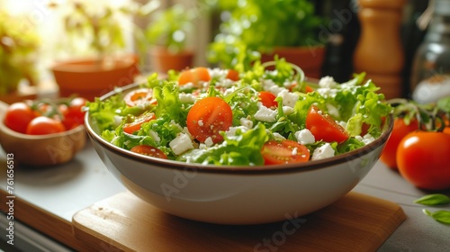 Fresh Mixed Salad with Cherry Tomatoes and Feta Cheese in Bright Kitchen, generative ai