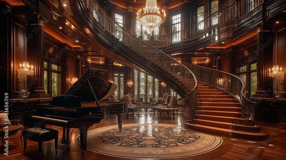 Obraz premium Luxurious Art Deco Design with Spiral Staircase and Grand Piano, generative ai