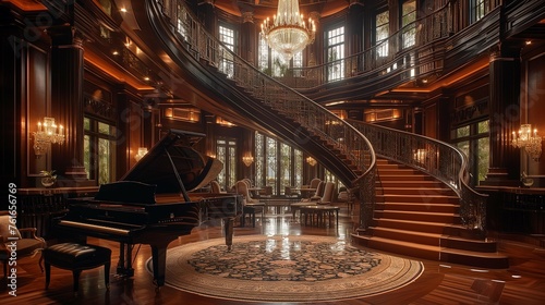 Luxurious Art Deco Design with Spiral Staircase and Grand Piano, generative ai