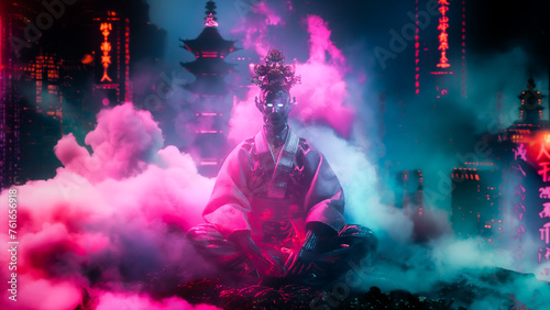 Méditation cyberpunk, couleur néon, fumé, 8K photo