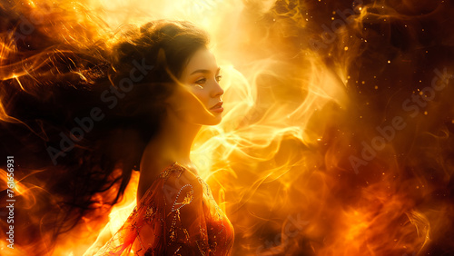 Portrait d'une femme flamboyant avec des jeux de lumière ardents, 8K